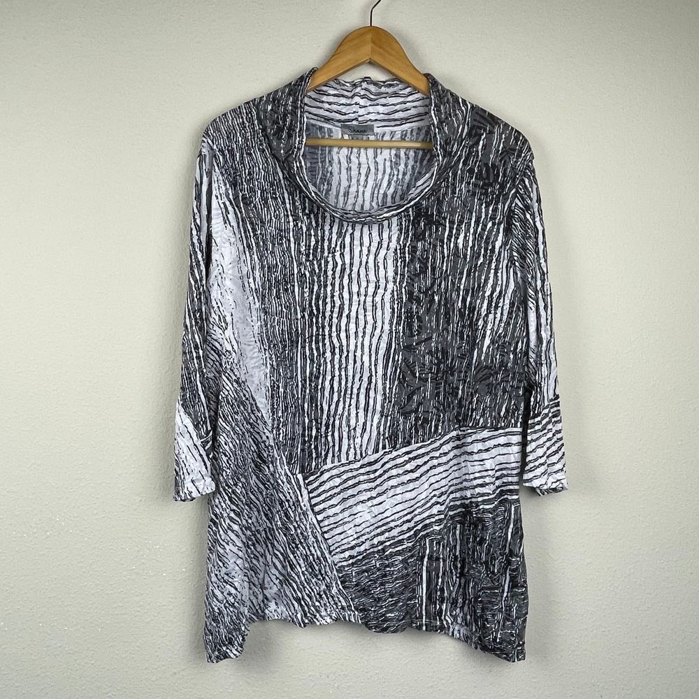 Shana‎ Artsy Mixed Pattern Cowlneck Top Black, Gray & White Size XL 3/4 Sleeve